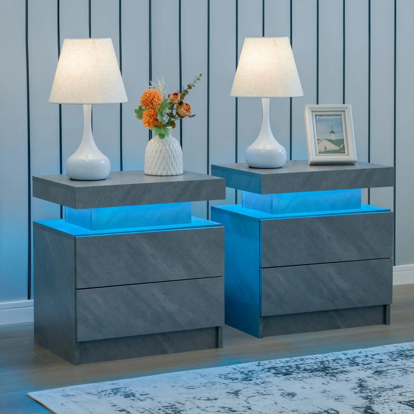 Cubehom LED Nightstands Set Of 2 With Drawers Bedside Tables