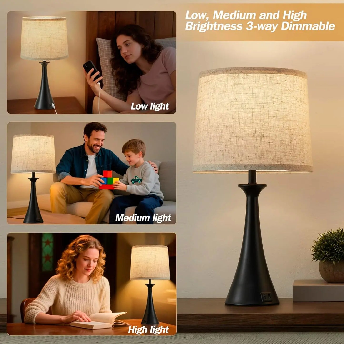 Touch Lamp Pair With USB-C Ports And Three-Way Dimming