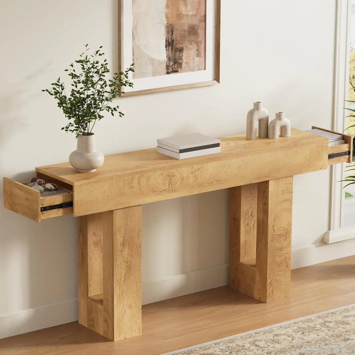 Farmhouse Style Console Table With Drawers For Living Room Hallway