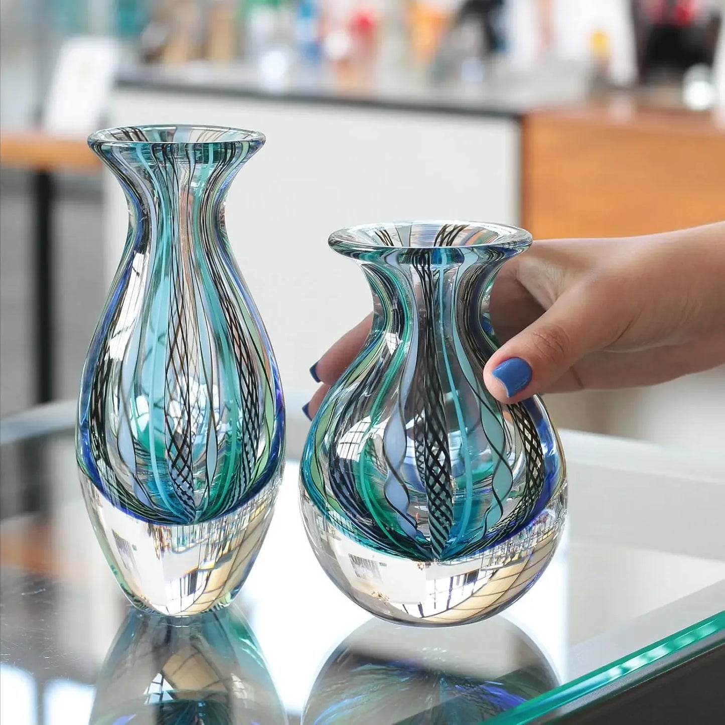 Pair Murano Style Hand Blown Glass Vases Canes Art Glass