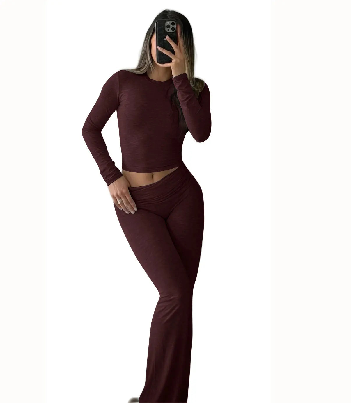 Womens Yoga Two Piece Set With Long Sleeve Top And Wide Leg Pants