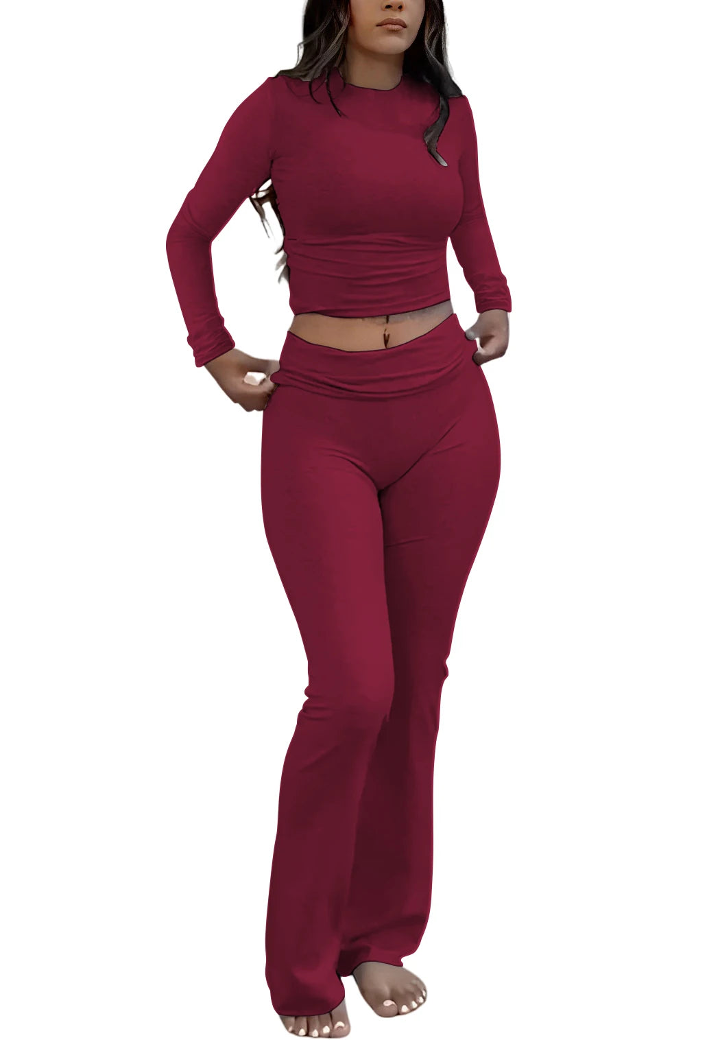 Womens Yoga Two Piece Set With Long Sleeve Top And Wide Leg Pants