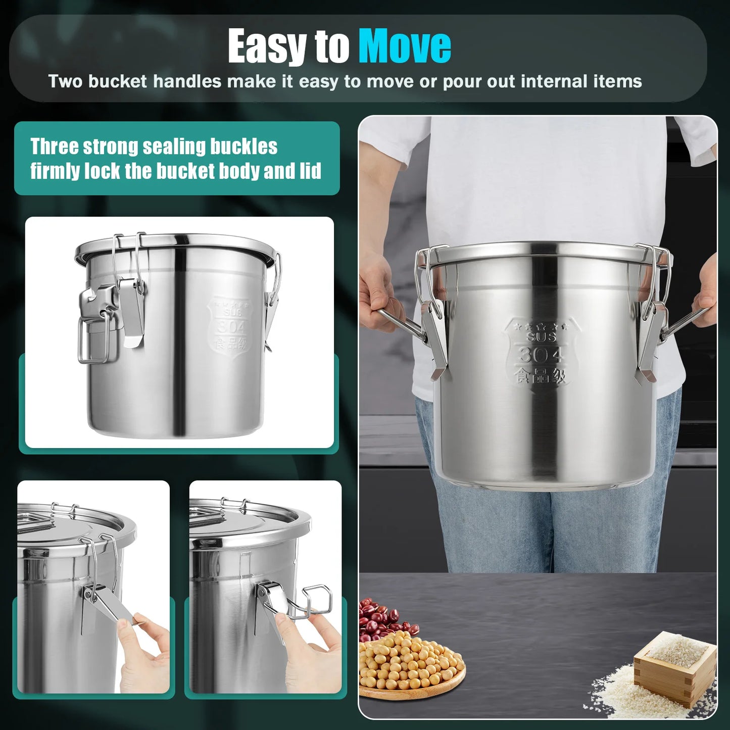 Bymaocar Stainless Steel Cereal Container Airtight Durable Storage Bucket