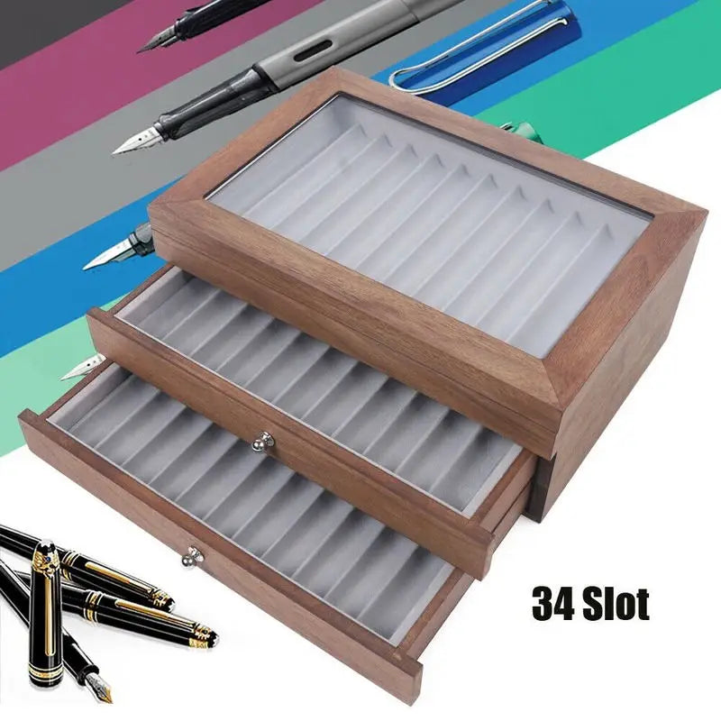 Walnut Wood 34 Slot Pen Storage Case With Drawer For Office And Gift