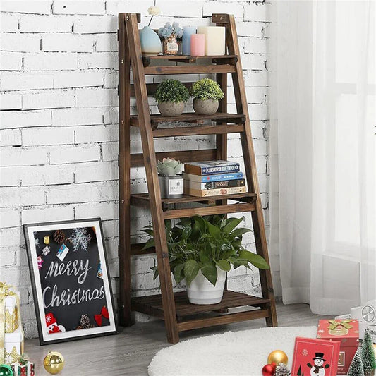 Folding 4-Tier Wooden Ladder Shelf Storage Rack For Home Use