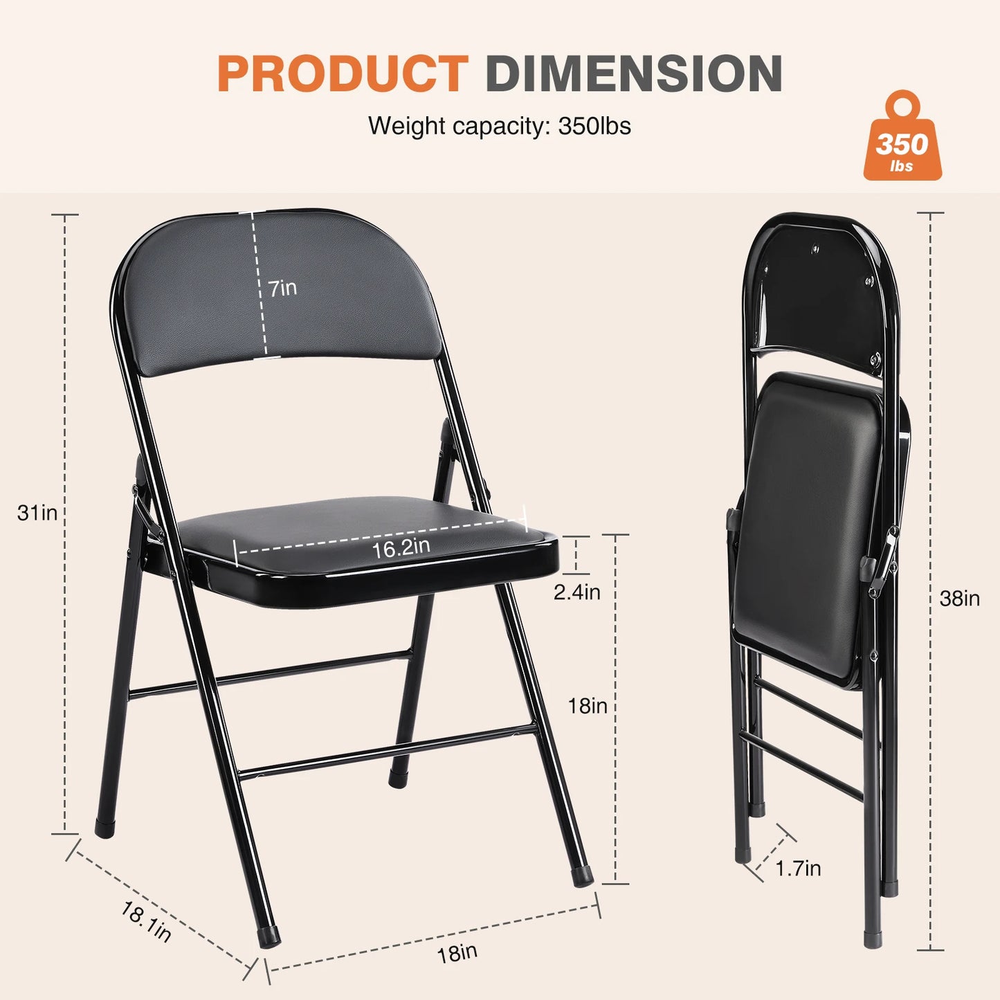 JHK Leather Padded Folding Chair 4 Pack Sturdy Metal Frame