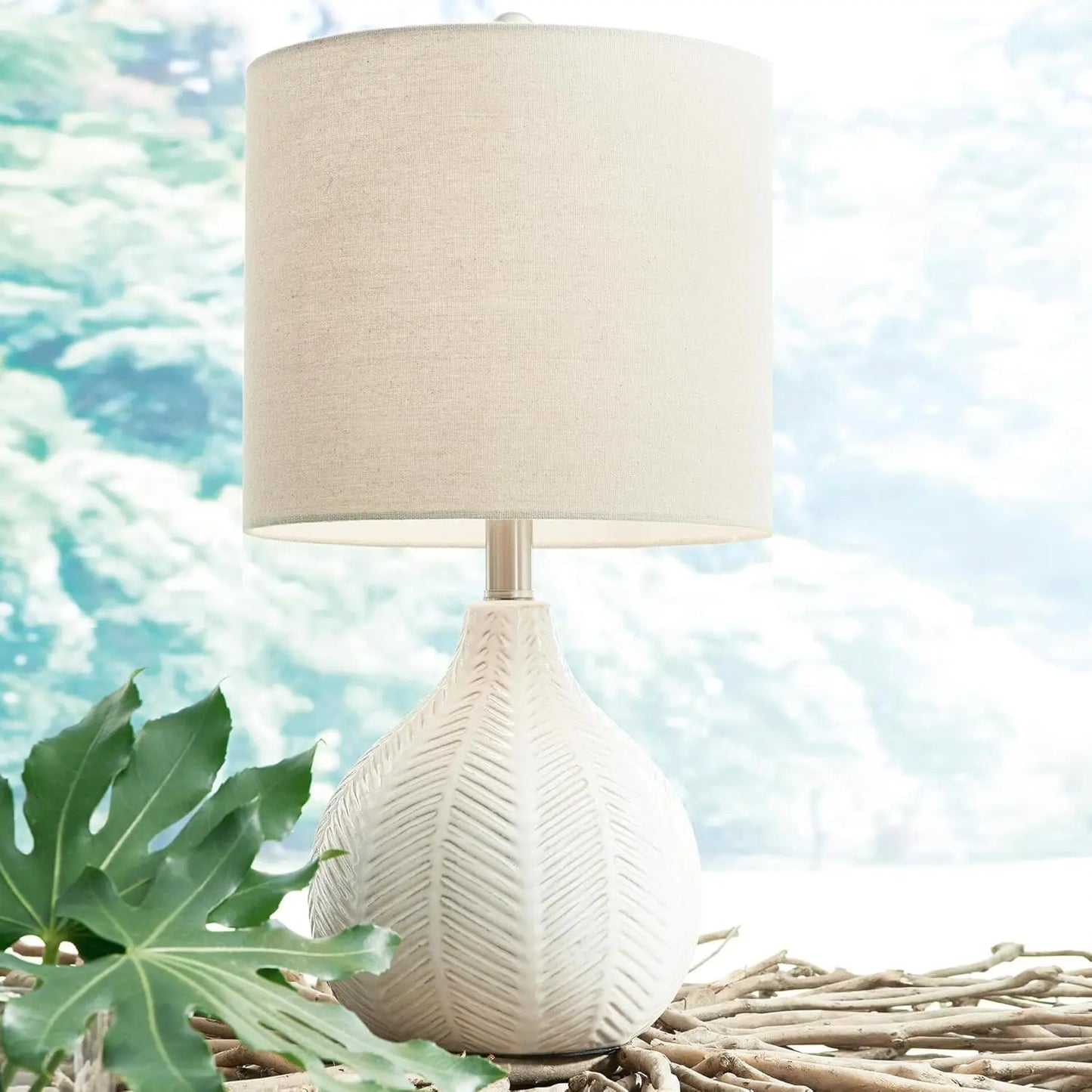 Ceramic Table Lamp With Herringbone Pattern And Drum Shade