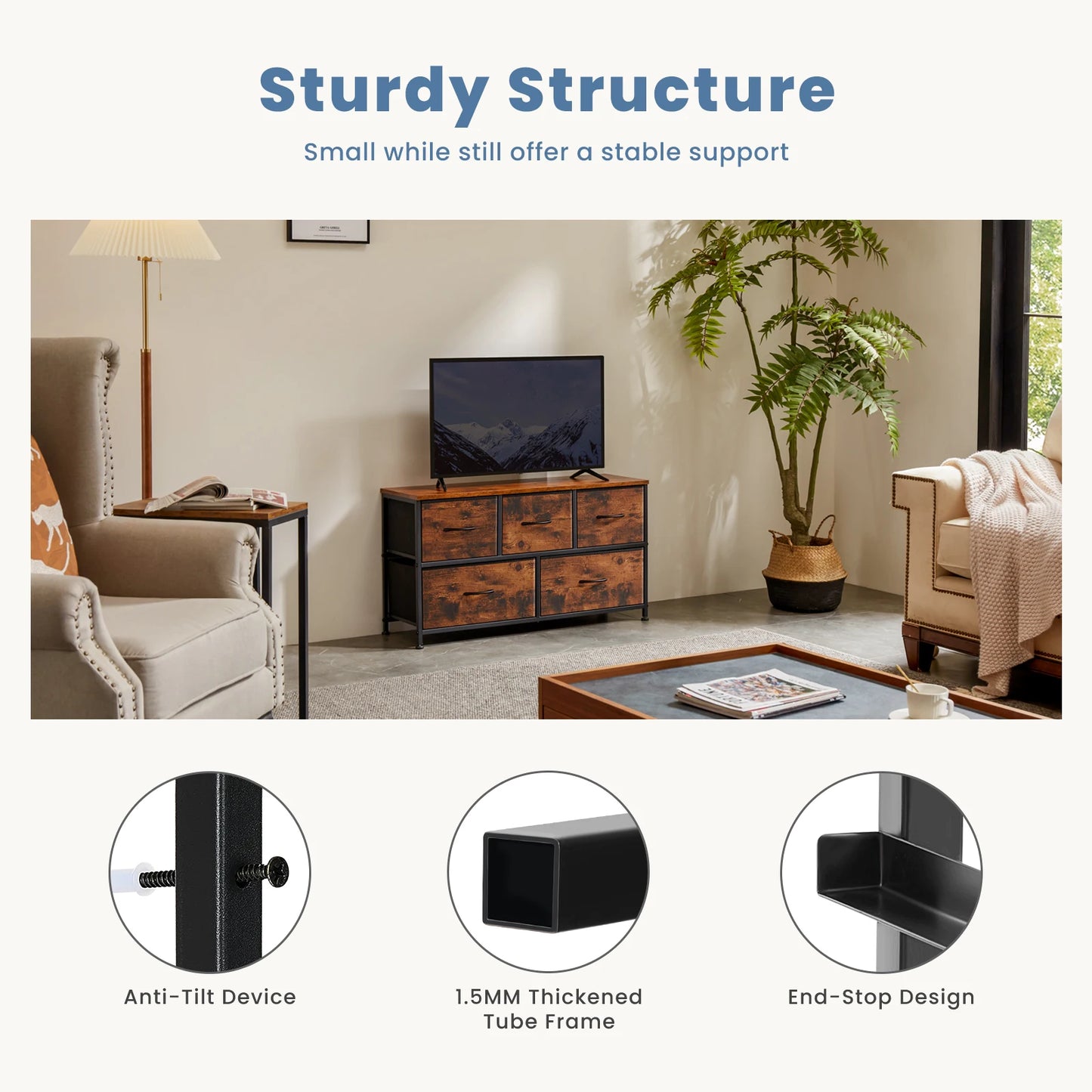 JHK Living Room Display Cabinet With Fabric Drawers Steel Frame