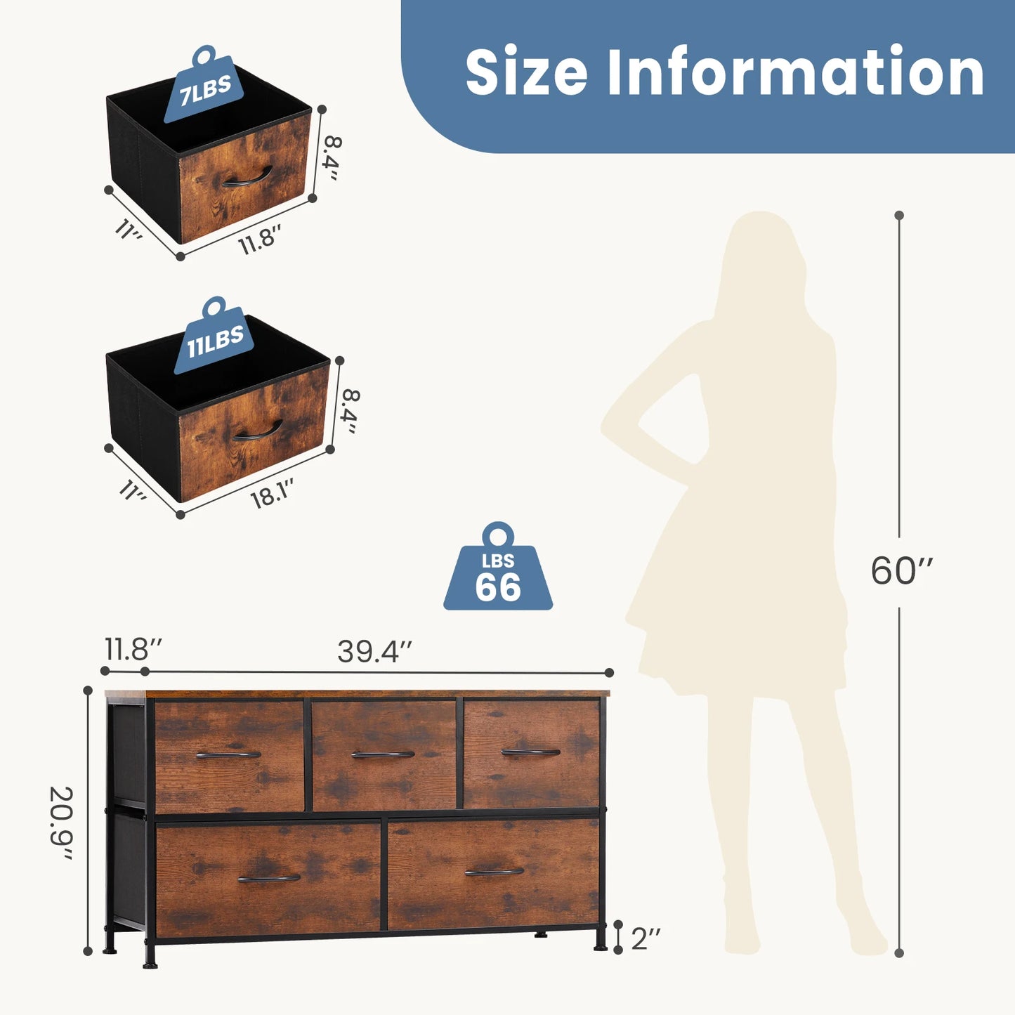 JHK Living Room Display Cabinet With Fabric Drawers Steel Frame