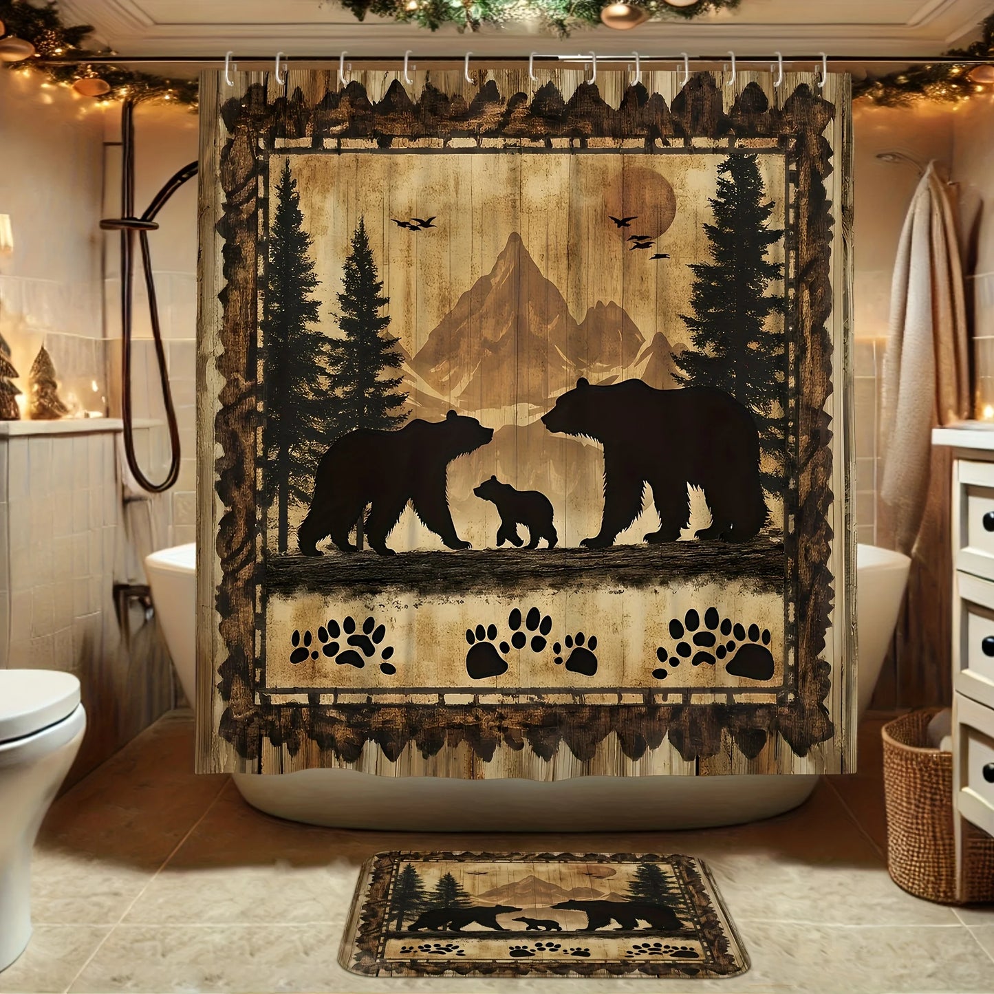 Four Bamboo Shower Curtains With Abstract Design And Hooks