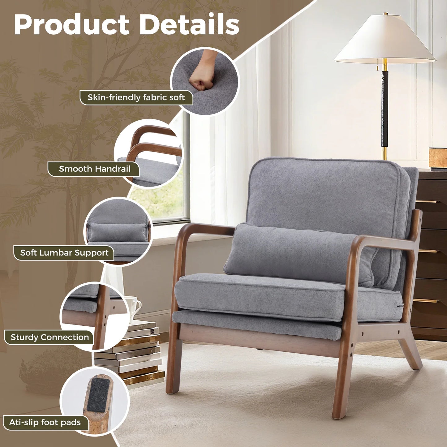 JHK Mid Century Modern Chair With Solid Wood Frame Arms