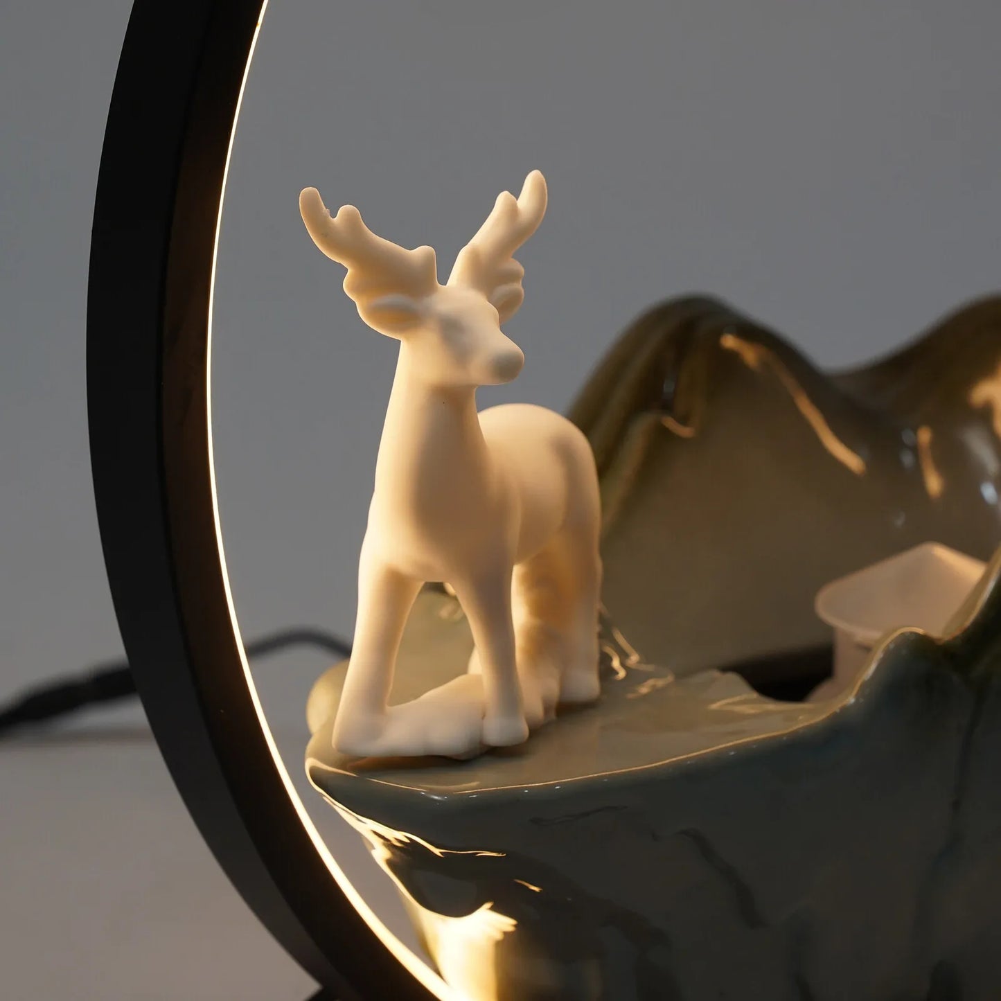 Ceramic Tabletop Fountain With Mist LED Deer Figurine Pine Branches
