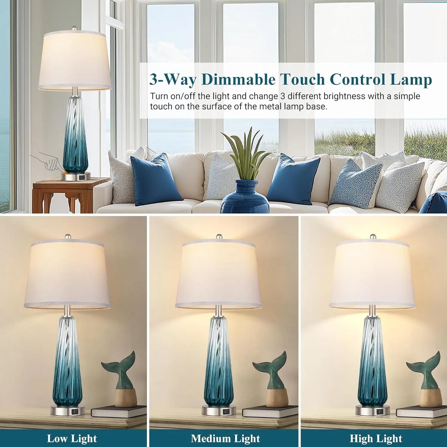 Glass Table Lamps Set Of 2 With USB Ports And 3 Way Dimmable