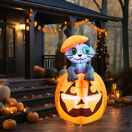 Joyfy Animated Cat On Pumpkin Halloween Outdoor Inflatable Decor