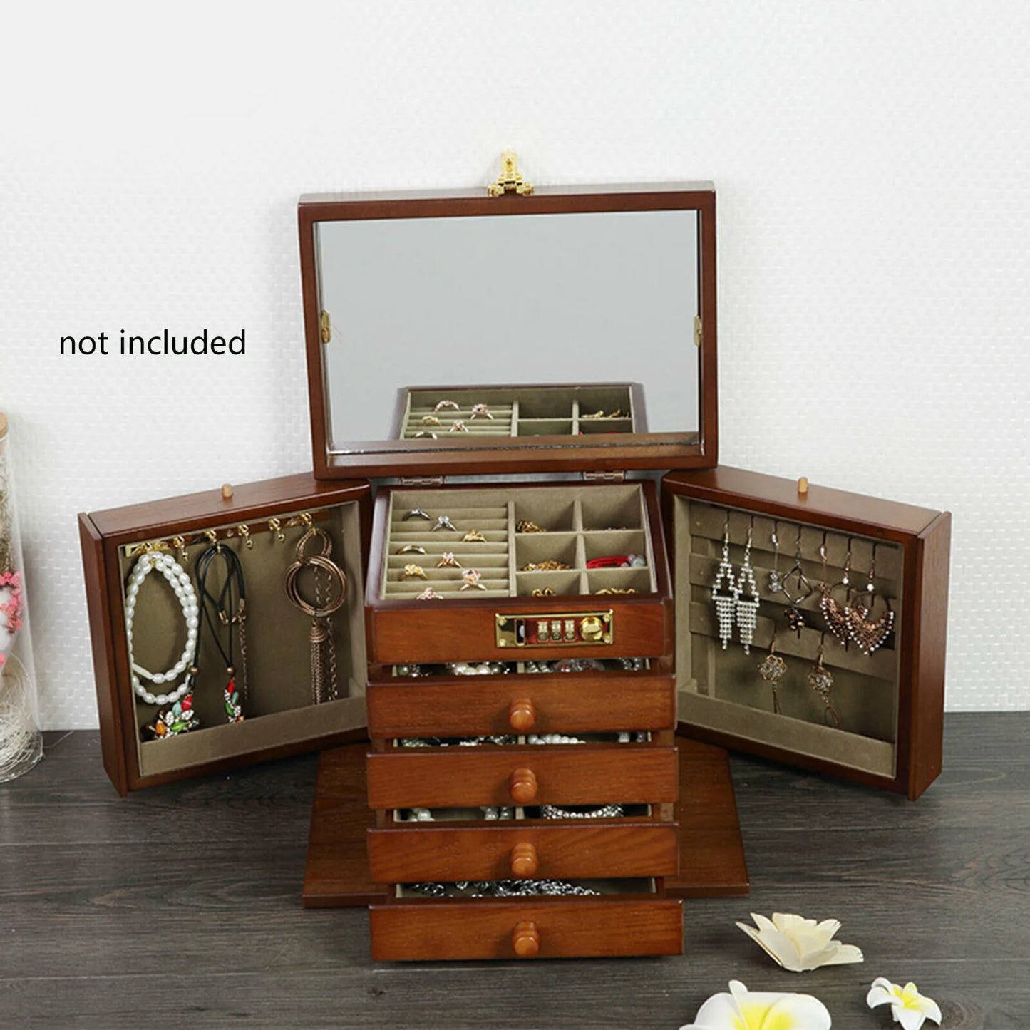 Wooden Jewelry Box Organizer With Mirror Password Lock 4 Layer