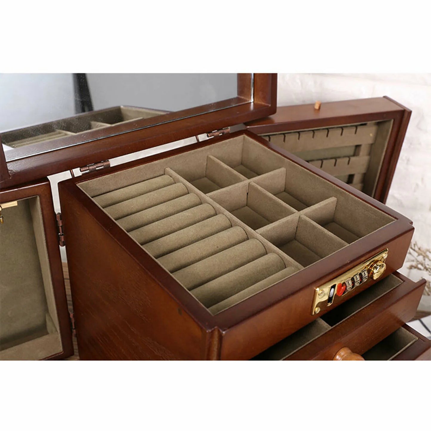 Wooden Jewelry Box Organizer With Mirror Password Lock 4 Layer