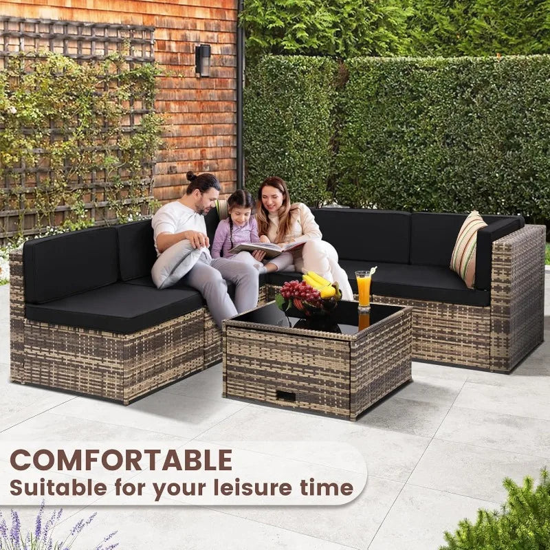 Outdoor Wicker Patio Sectional Set With Glass Table Storage