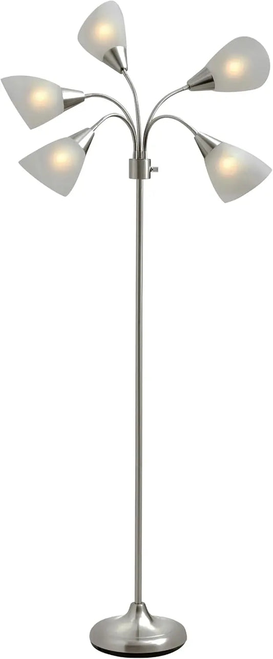 Floor Lamp With Five Movable Shades And Adjustable Brightness Brushed Steel