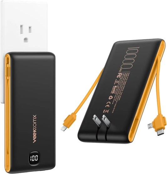 Portable 10000mAh Power Bank With Built In Cables Fast Charge