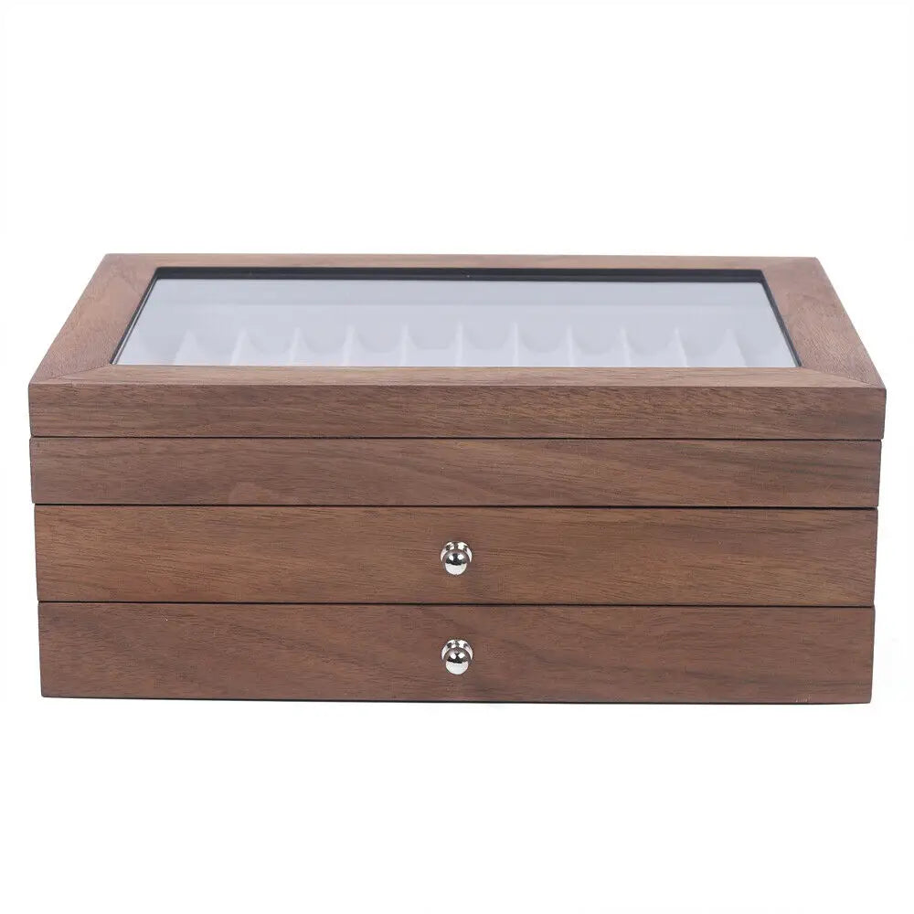 Walnut Wood 34 Slot Pen Storage Case With Drawer For Office And Gift