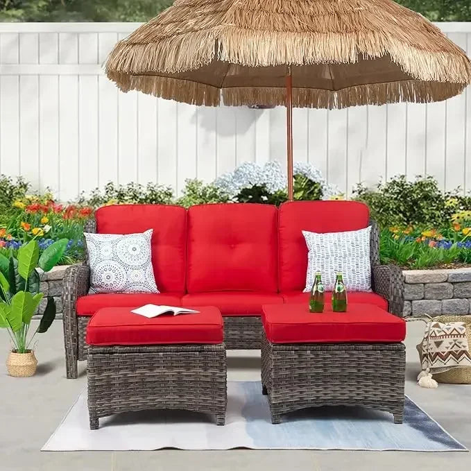 Wicker Outdoor Furniture Set 3-Piece With 3-Seat Sofa And Ottomans