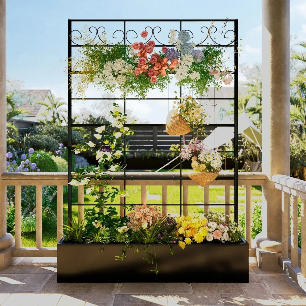 Metal Raised Planter Box With Trellis For Climbing Plants