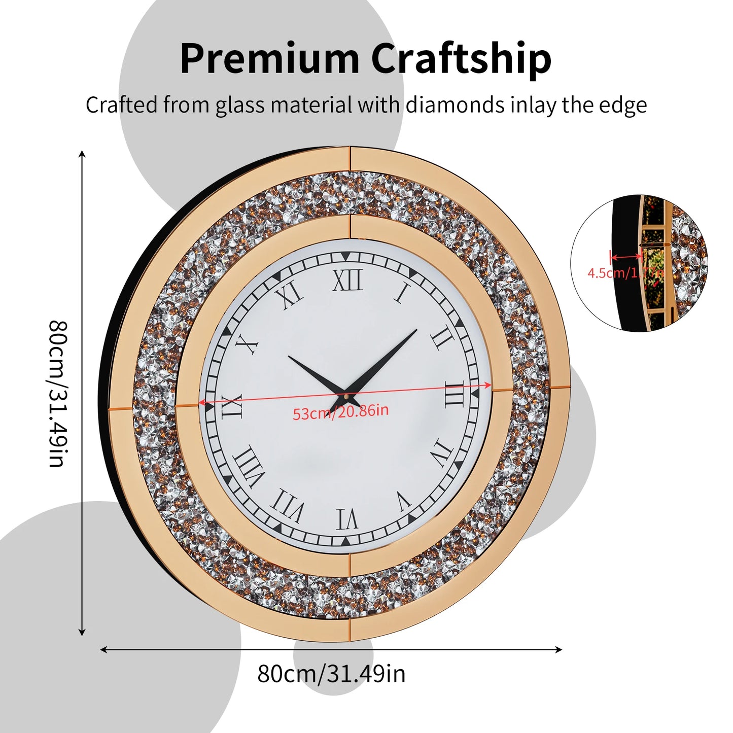 Silver Tawny Round Mirror Wall Clock With Crystal Sparkle