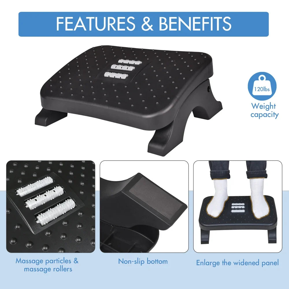 Ergonomic Under Desk Footrest With Massage Rollers For Office And Home
