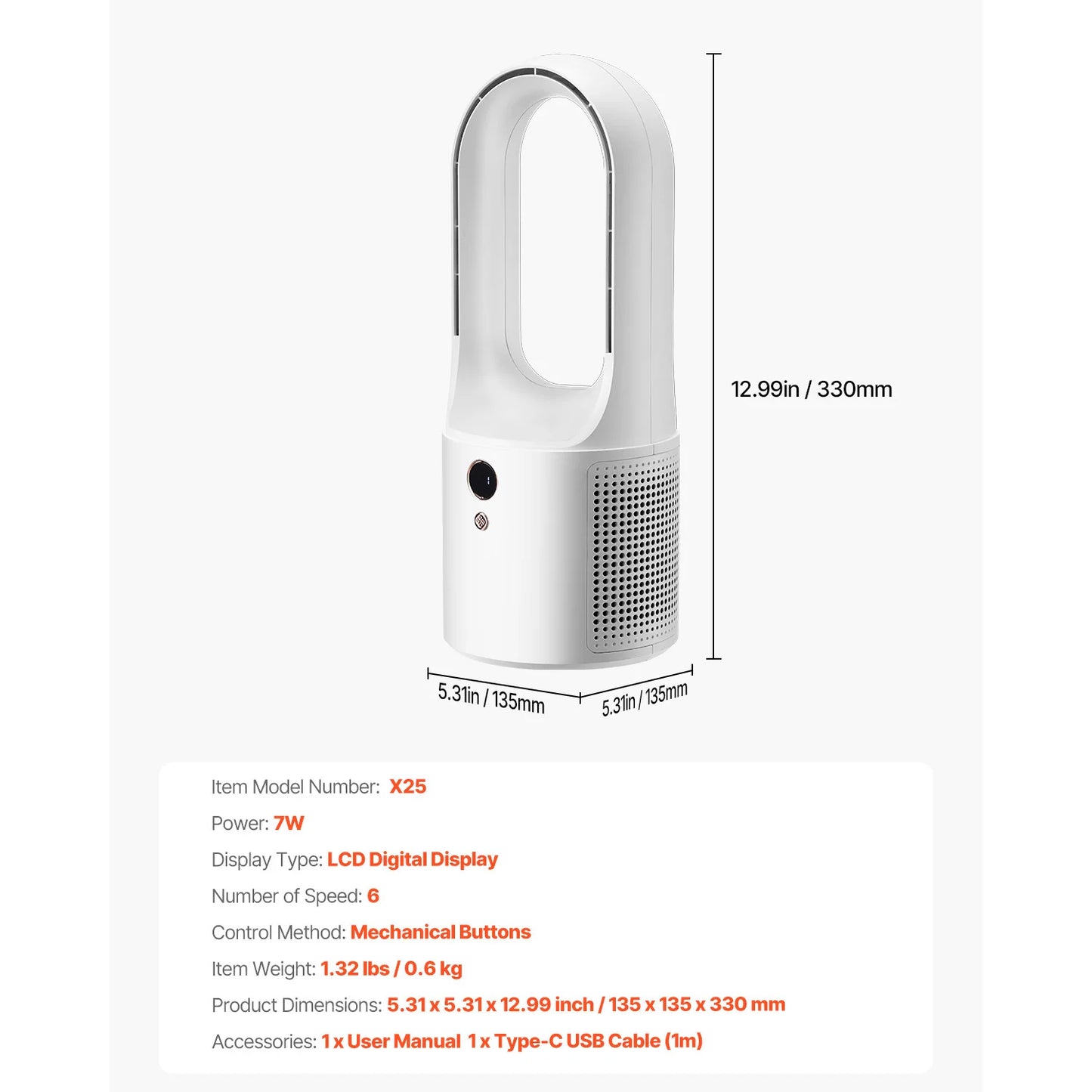 SucceBuy Bladeless Desk Fan 7W USB Quiet Cooling 6 Speeds