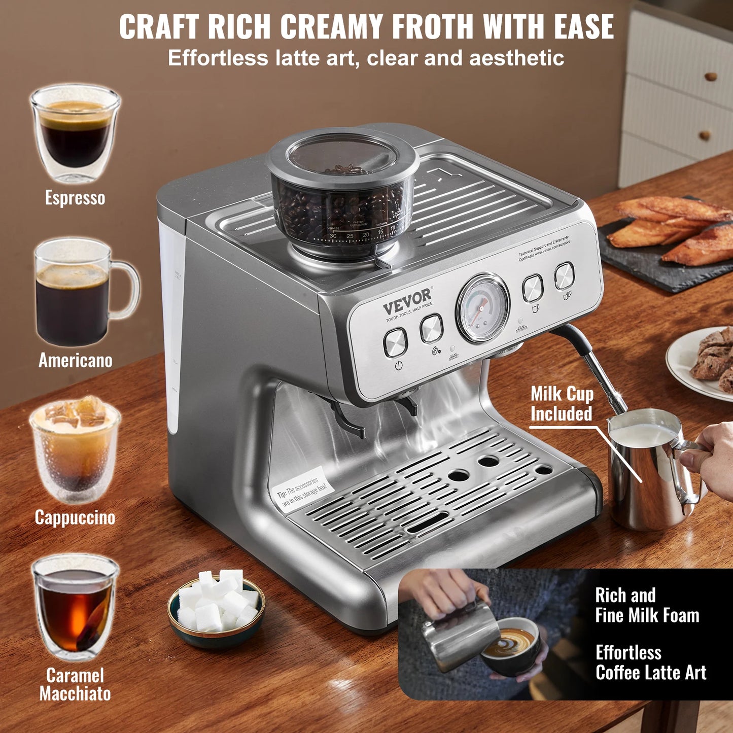 VEVOR Espresso Machine With Grinder 15 Bar Milk Frother