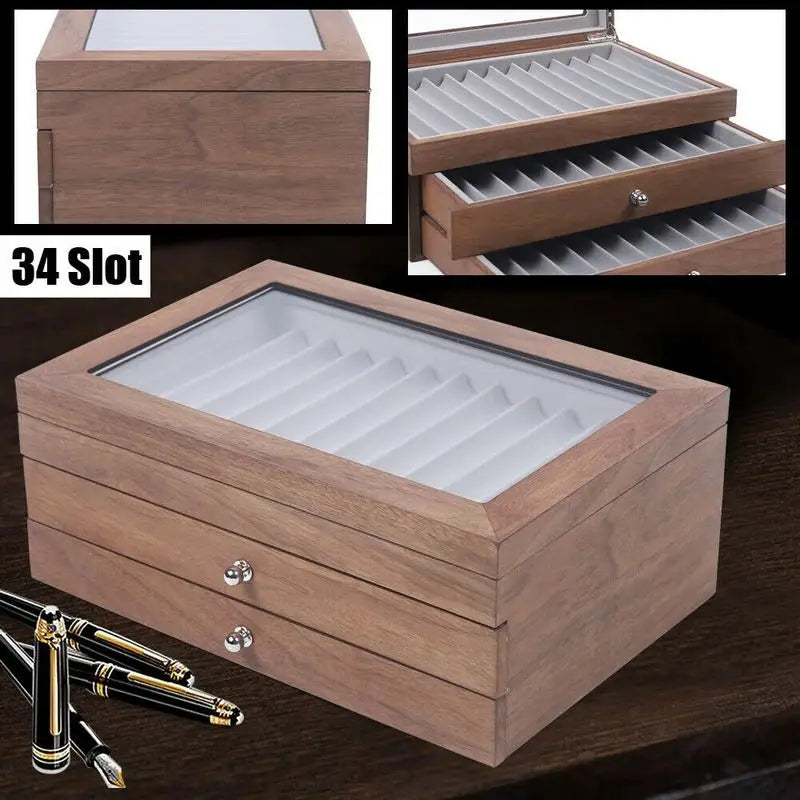 Walnut Wood 34 Slot Pen Storage Case With Drawer For Office And Gift