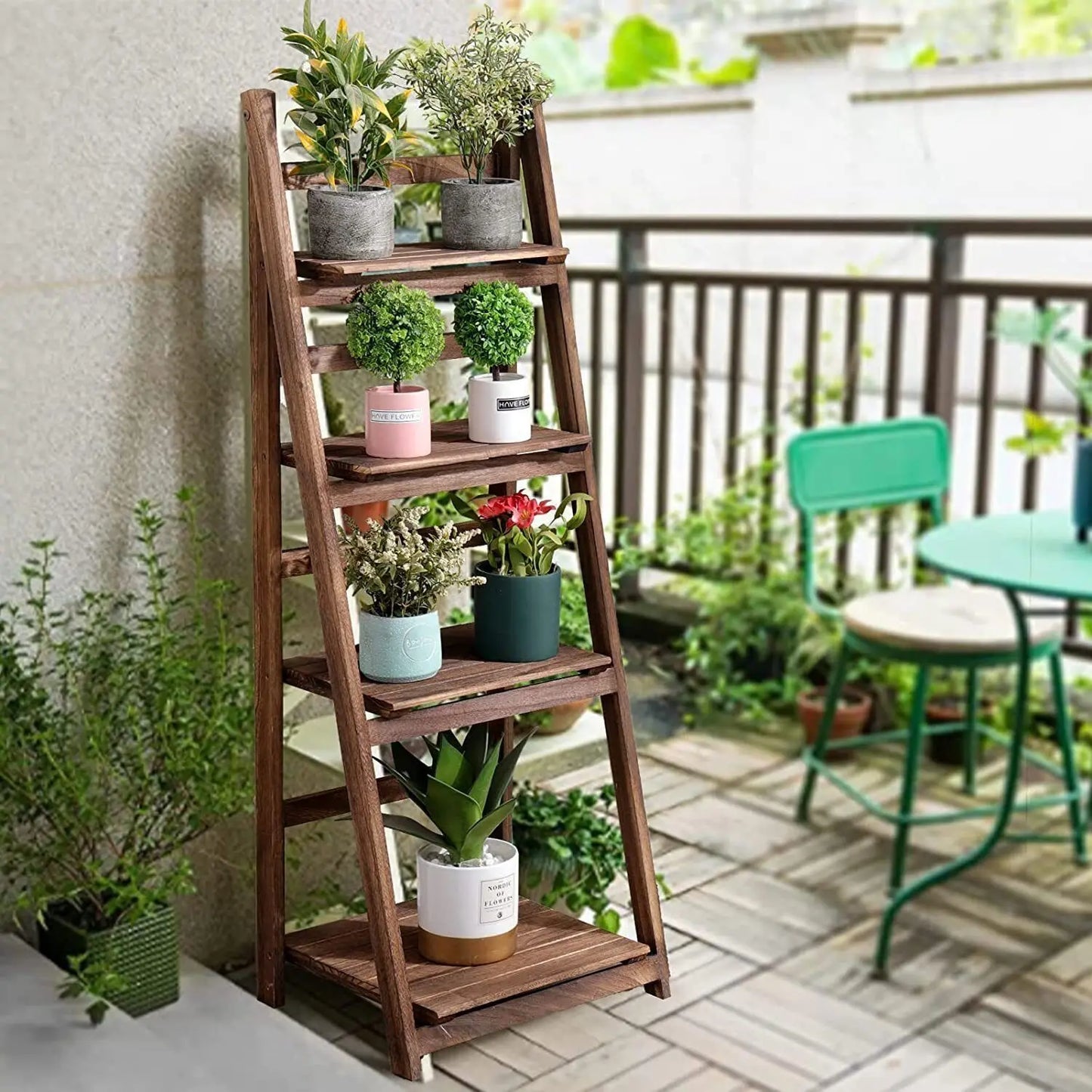 Folding 4-Tier Wooden Ladder Shelf Storage Rack For Home Use