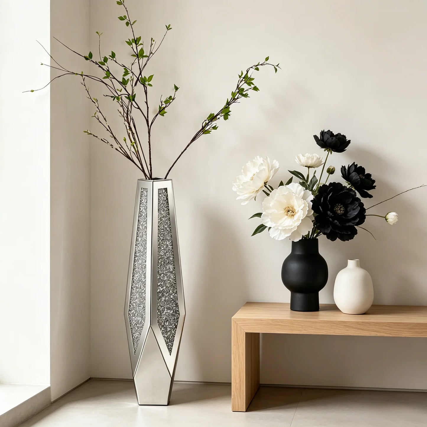 Mirrored Floor Vase With Crushed Diamond Glass Silver Finish