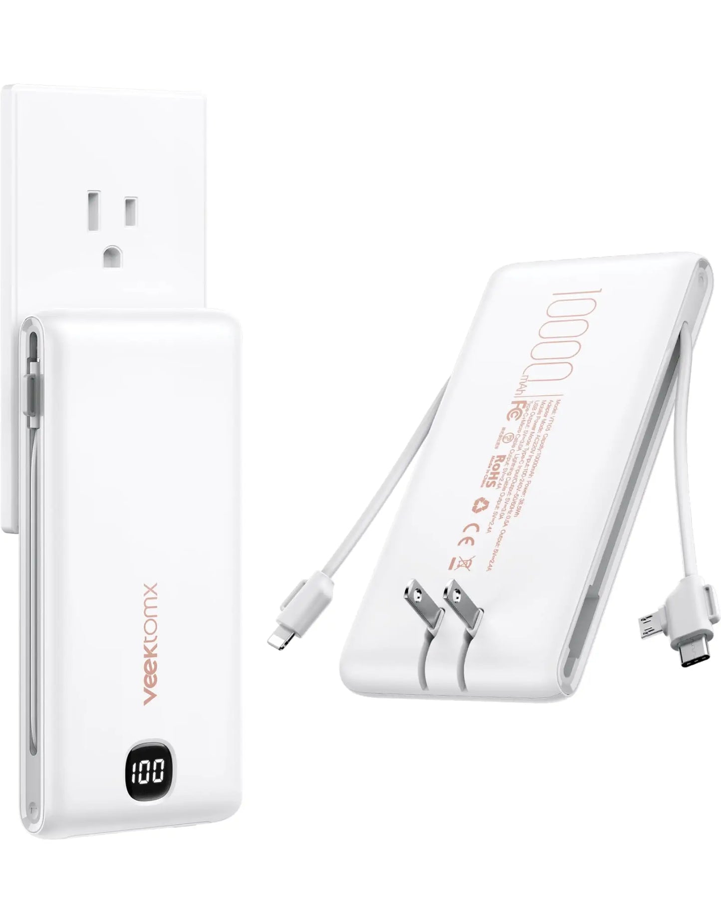 Portable 10000mAh Power Bank With Built In Cables Fast Charge