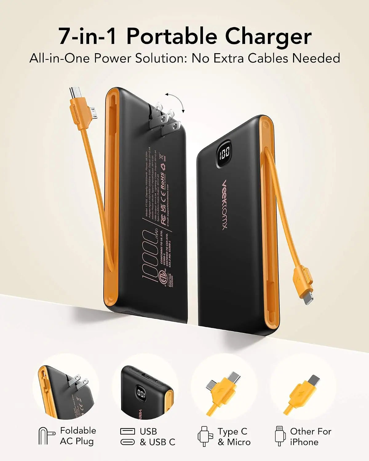 Portable 10000mAh Power Bank With Built In Cables Fast Charge