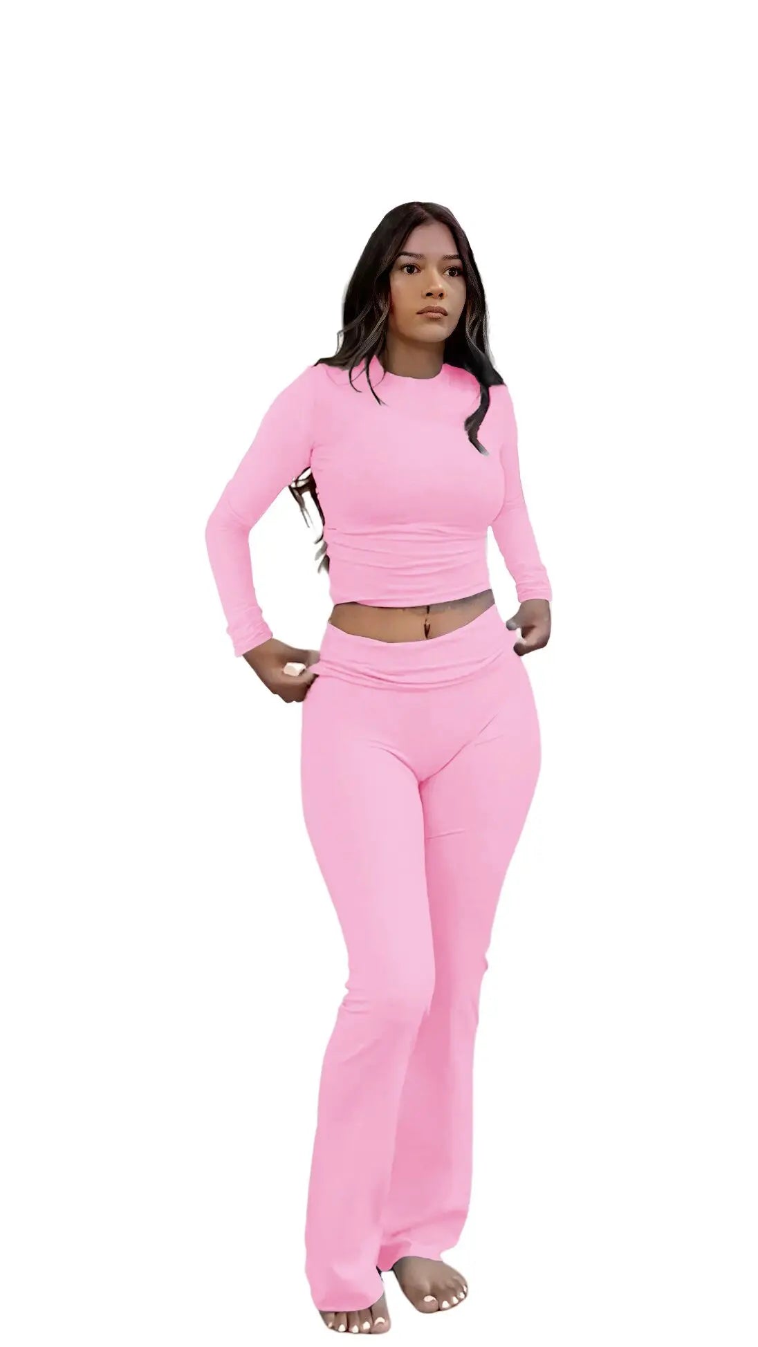 Womens Yoga Two Piece Set With Long Sleeve Top And Wide Leg Pants