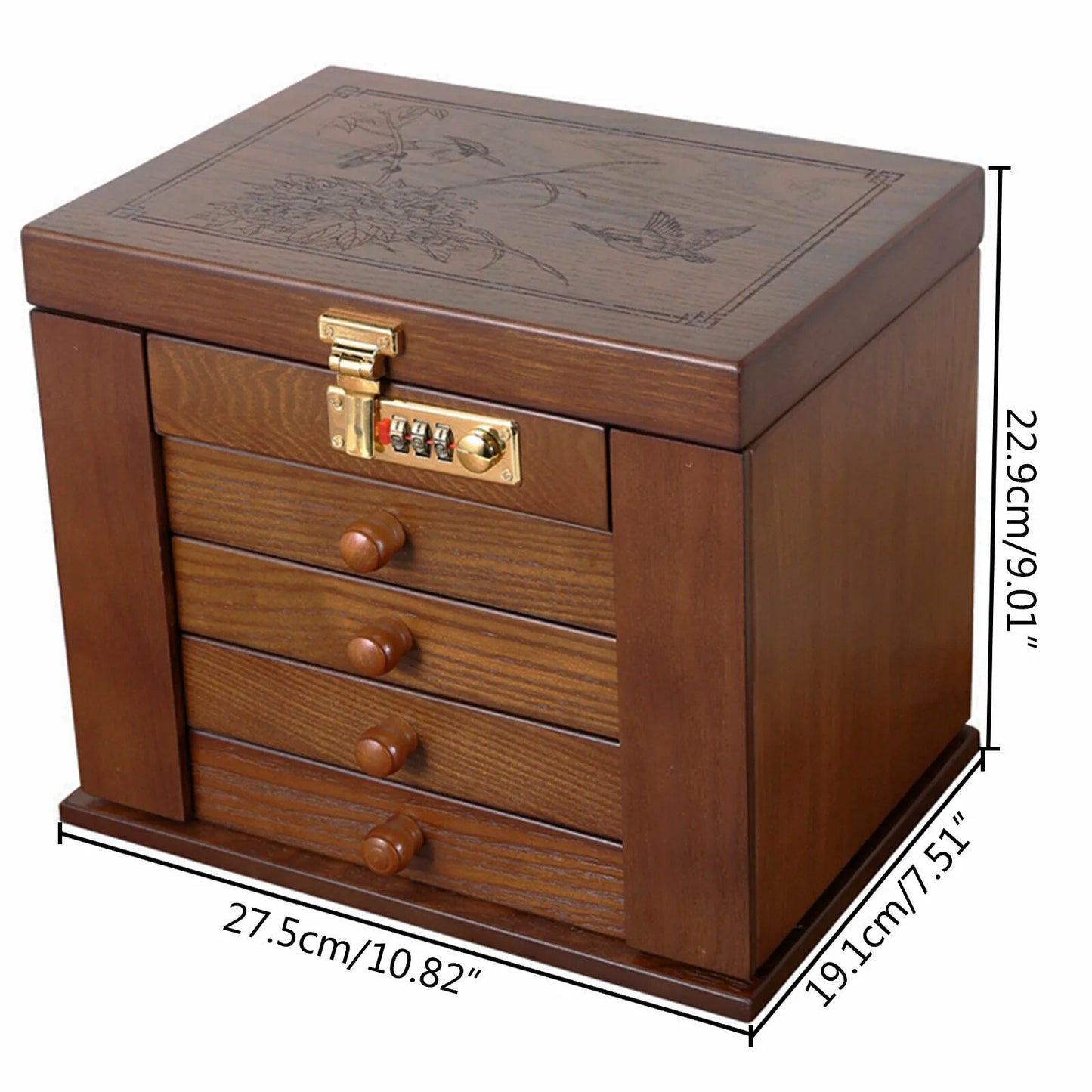 Wooden Jewelry Box Organizer With Mirror Password Lock 4 Layer