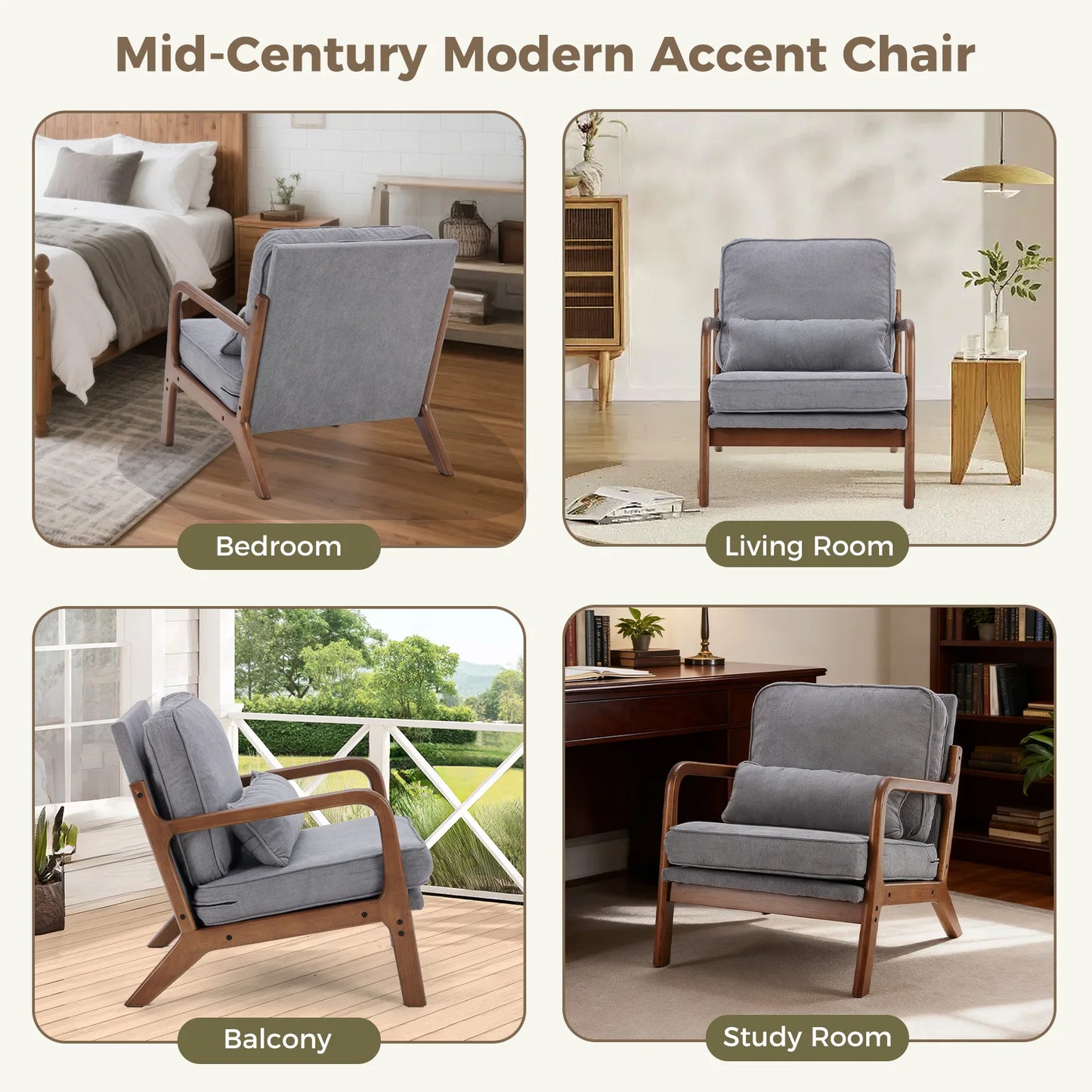 JHK Mid Century Modern Chair With Solid Wood Frame Arms