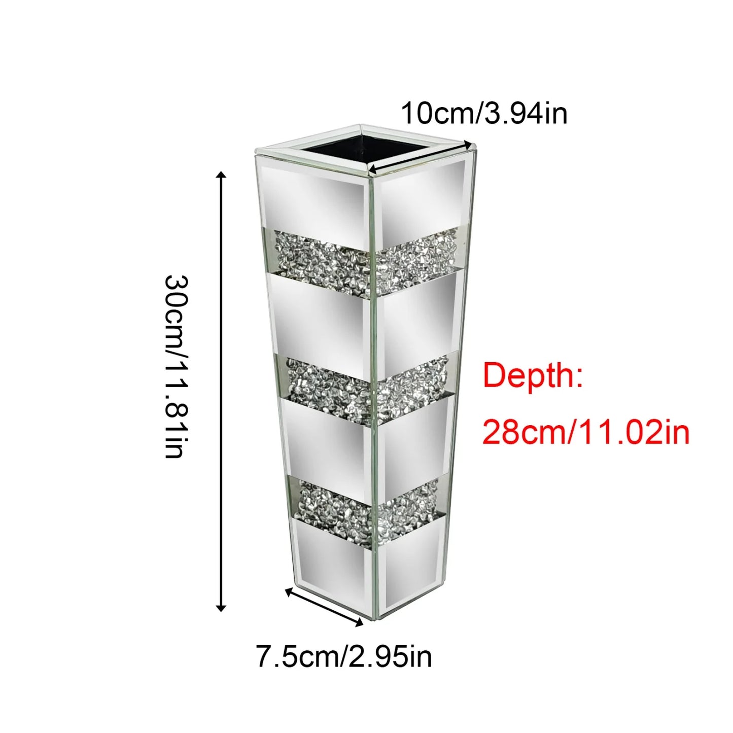 Mirrored Floor Vase With Crushed Diamond Glass Silver Finish