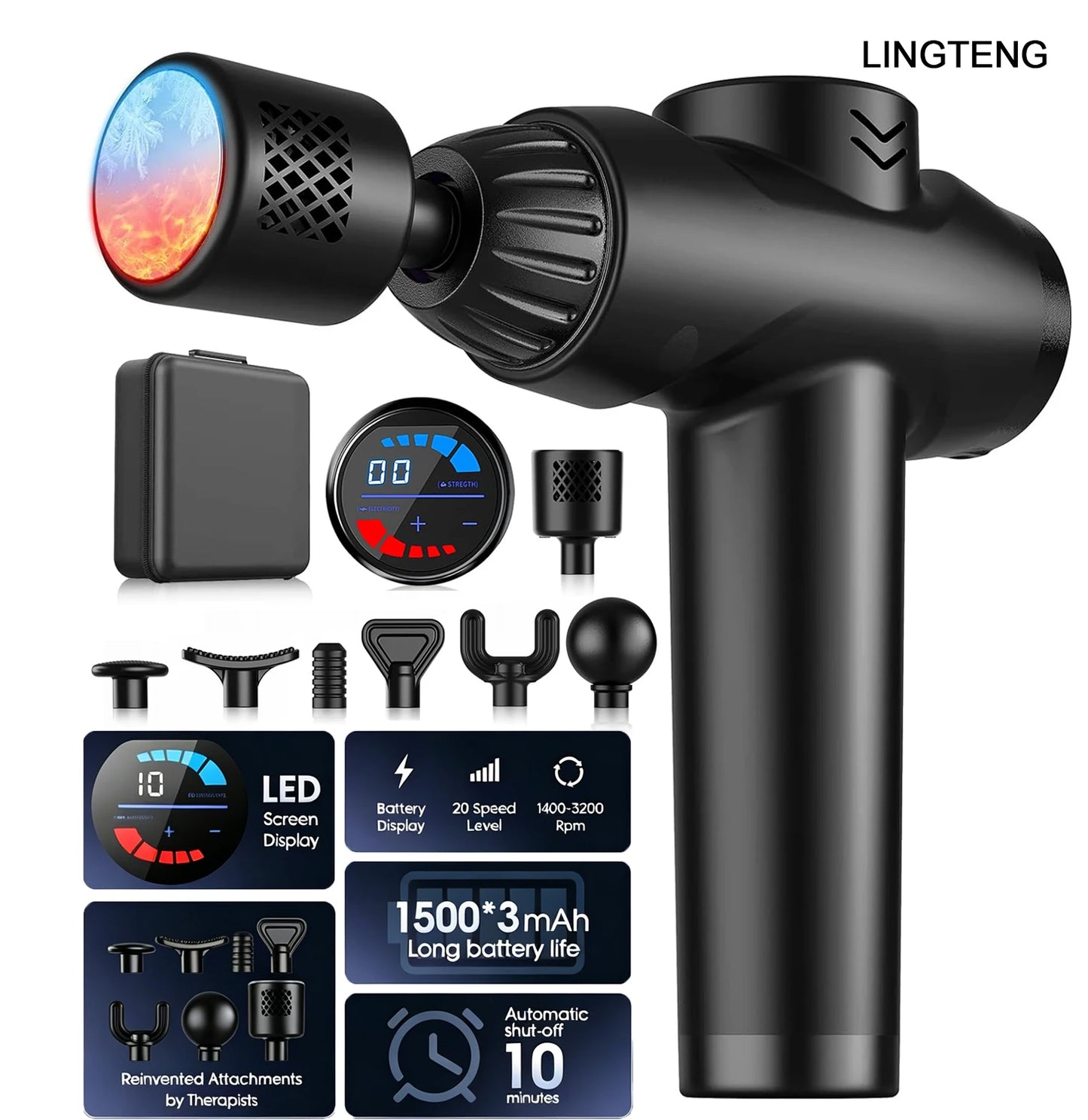 LINGTENG Massage Gun With Hot Cold Functions And 7 Heads
