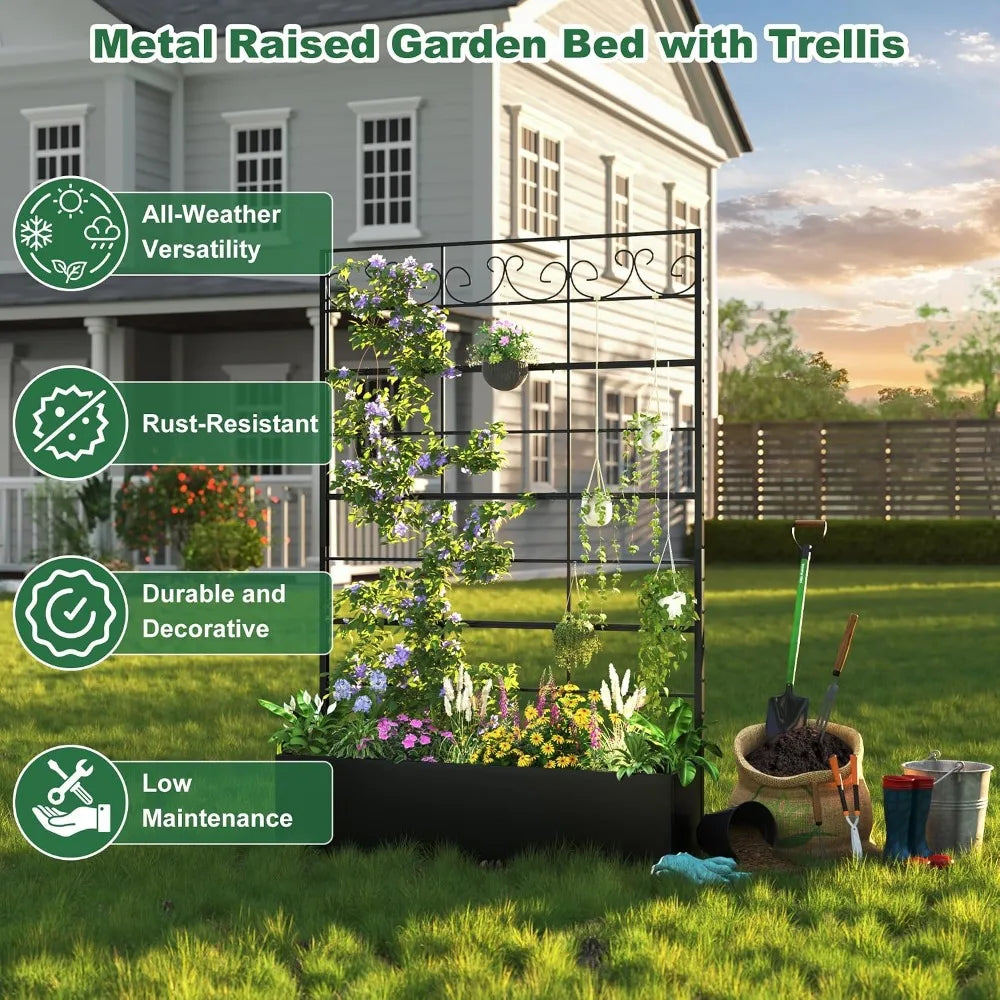 Metal Raised Planter Box With Trellis For Climbing Plants