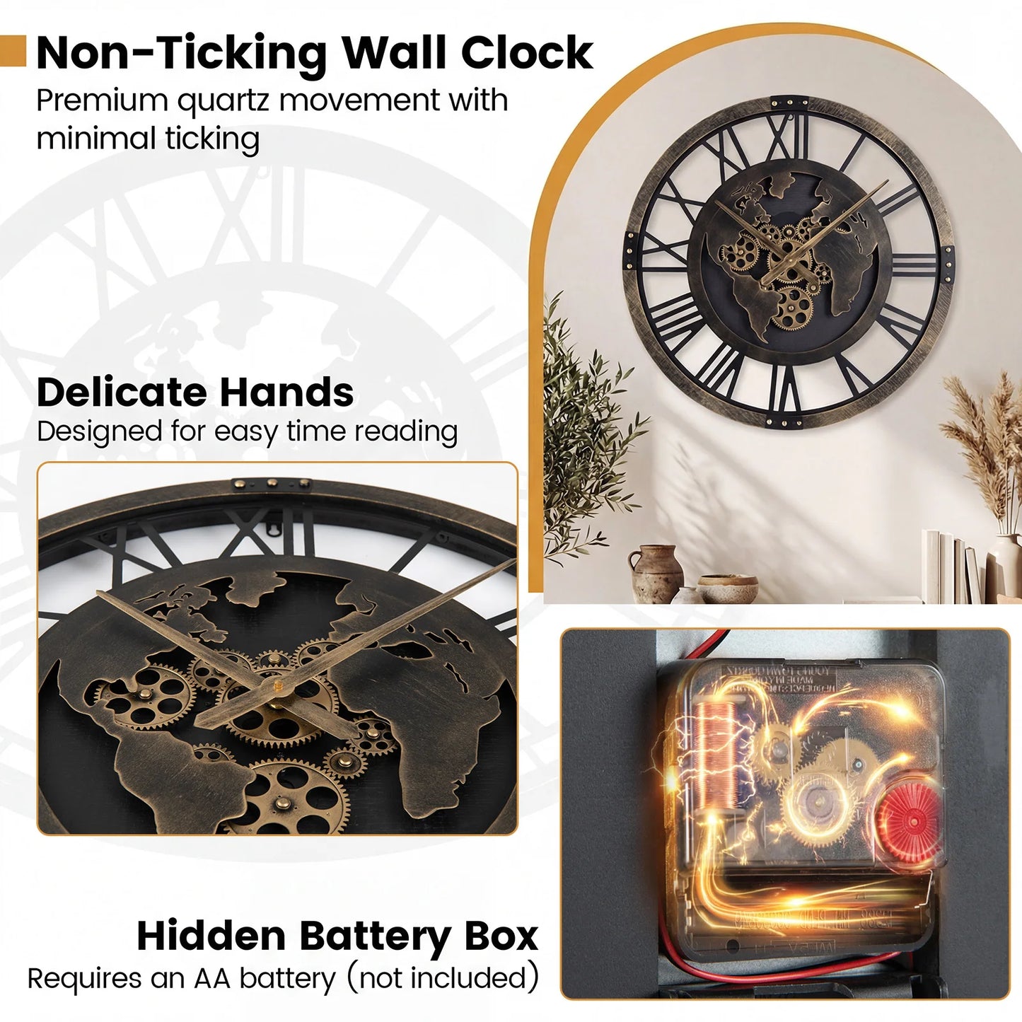 HOMASIS Gear Wall Clock With World Map Non-Ticking Metal Clock