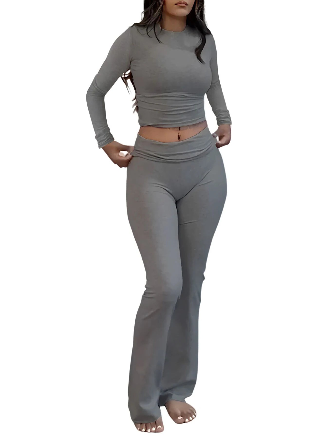 Womens Yoga Two Piece Set With Long Sleeve Top And Wide Leg Pants