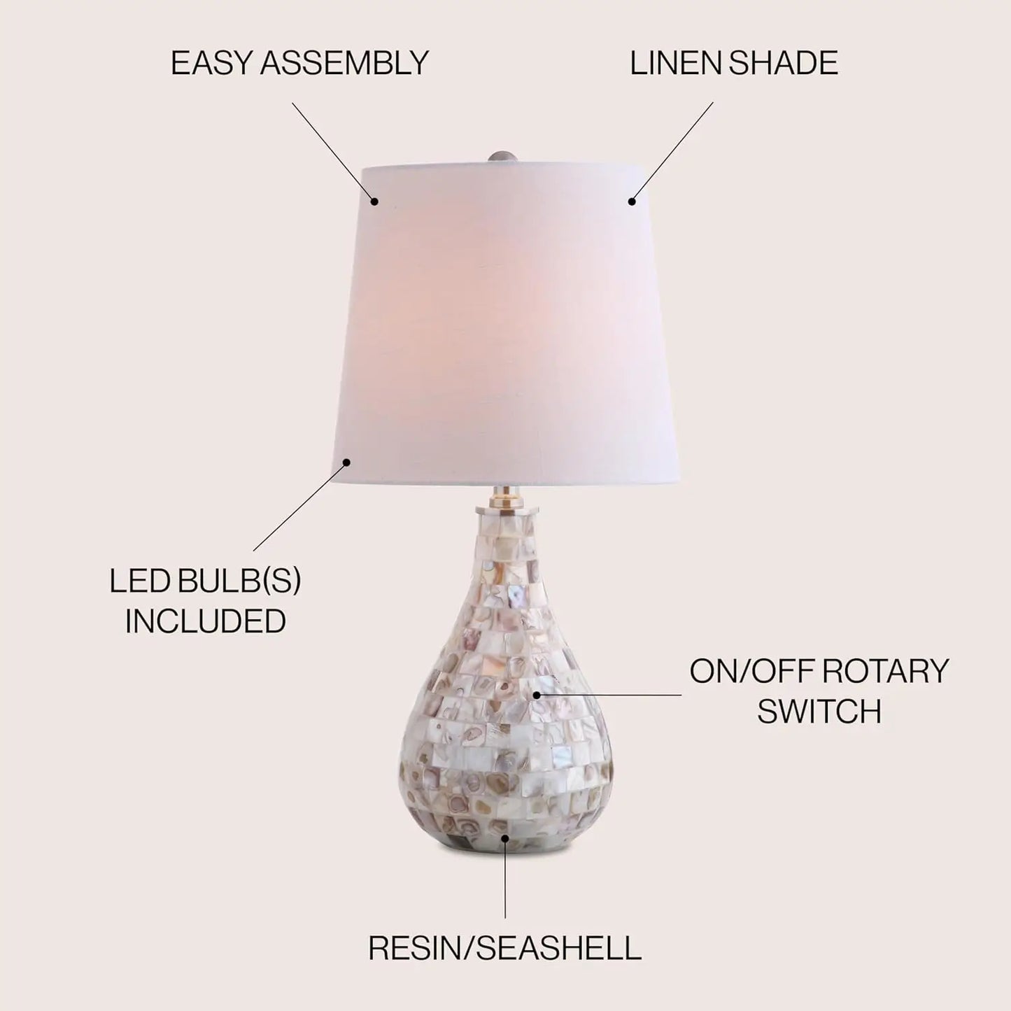 Seashell Coastal Mini LED Table Lamp With White Linen Drum Shade