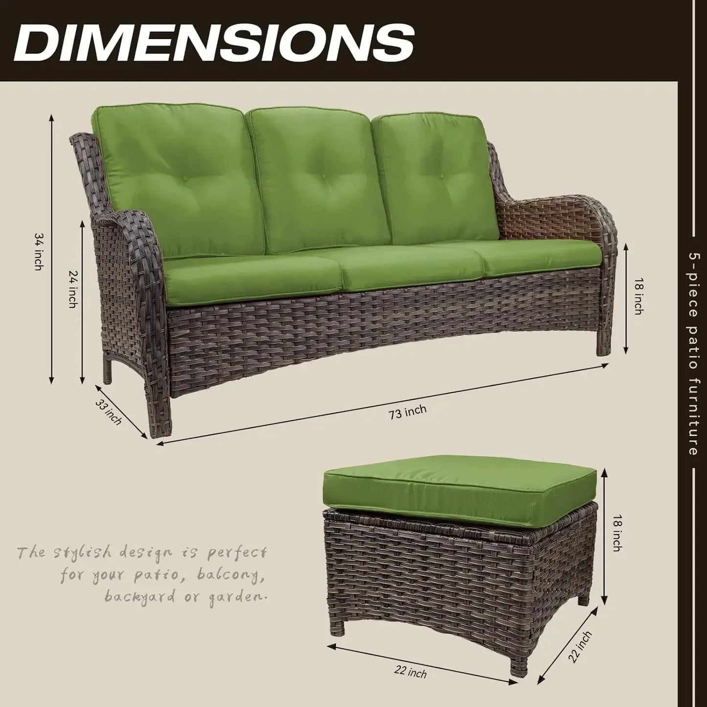 Wicker Outdoor Furniture Set 3-Piece With 3-Seat Sofa And Ottomans