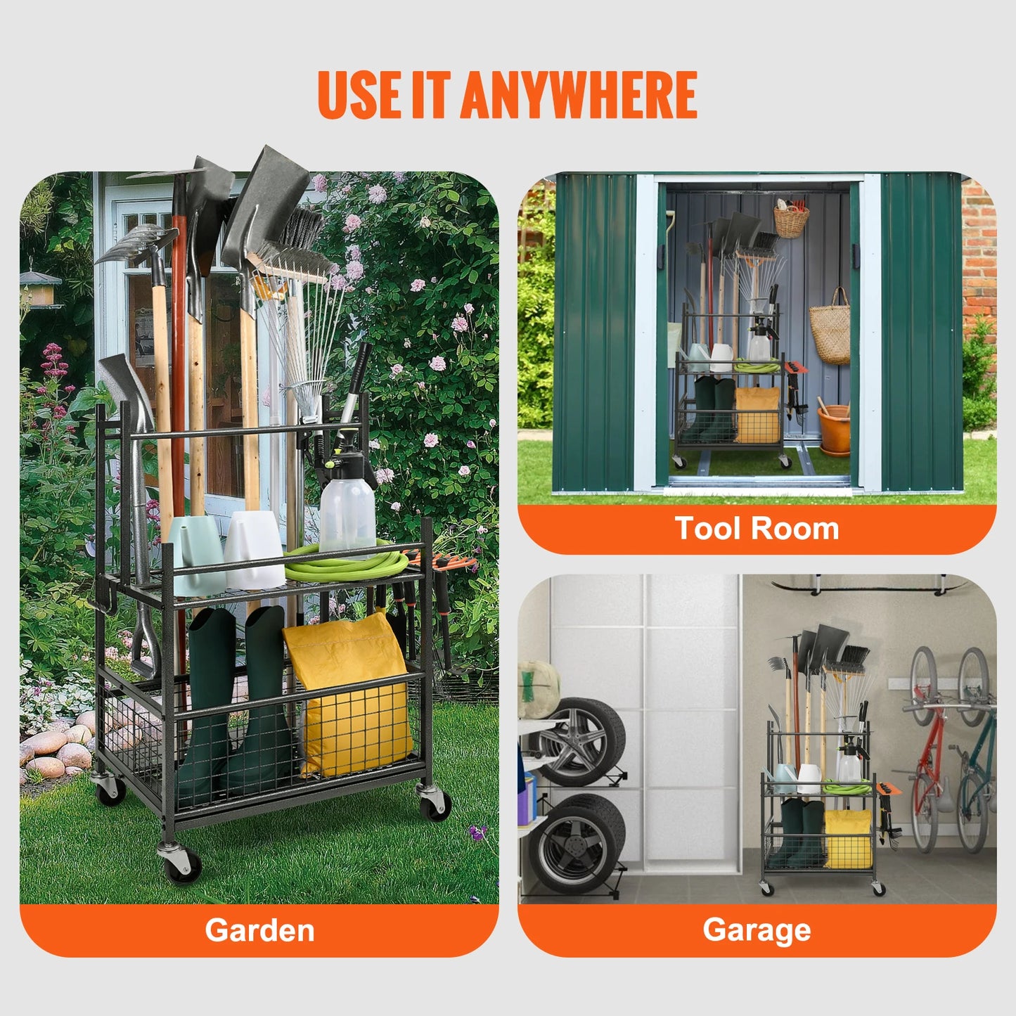 SucceBuy Garden Tool Organizer Rack With Hooks Wheels Garage Storage