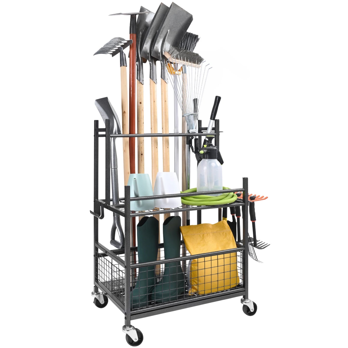 SucceBuy Garden Tool Organizer Rack With Hooks Wheels Garage Storage
