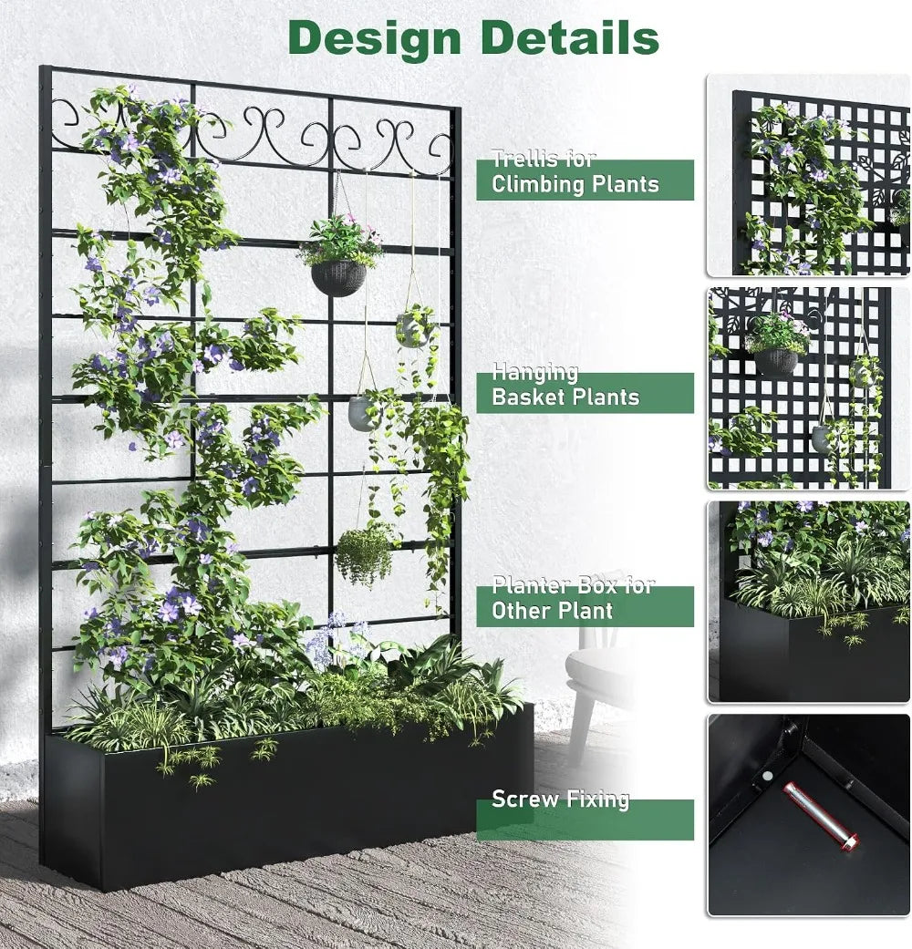 Metal Raised Planter Box With Trellis For Climbing Plants