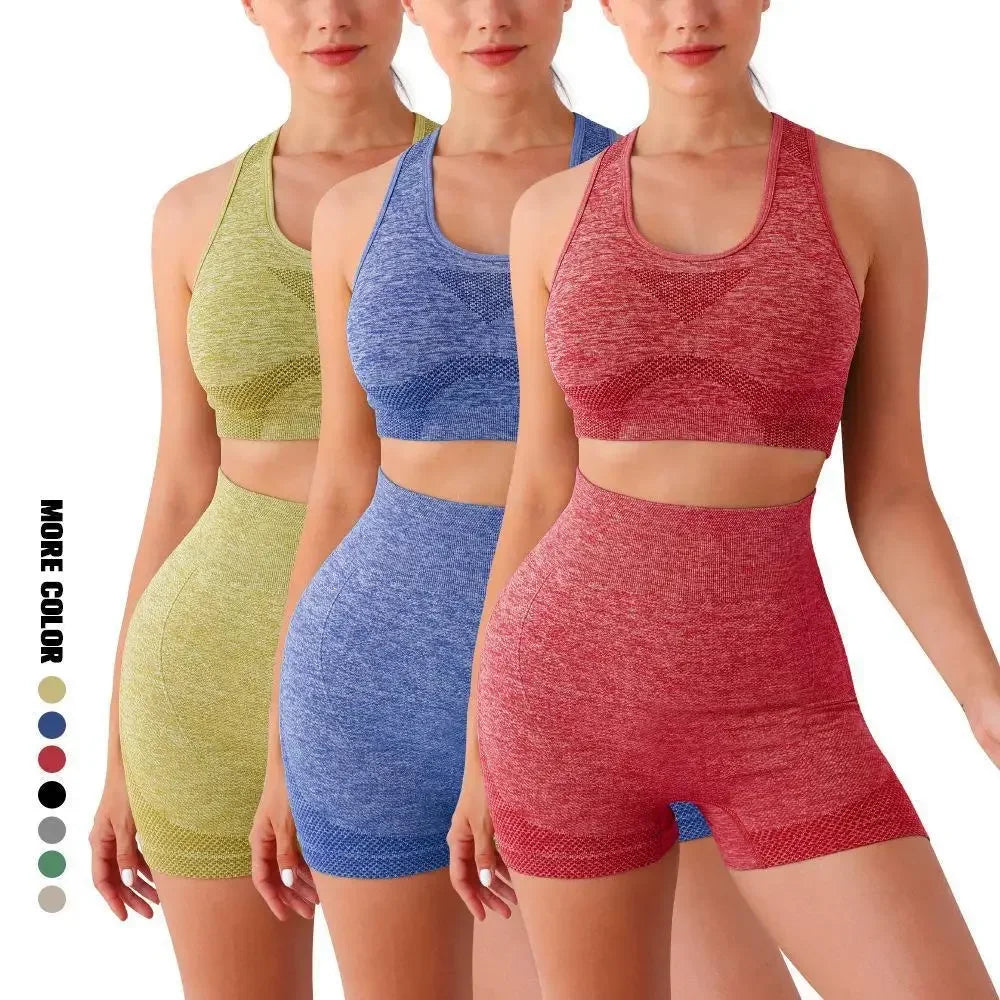 Women Yoga Set With Breathable Quick Dry Seamless Sports Bra And Shorts