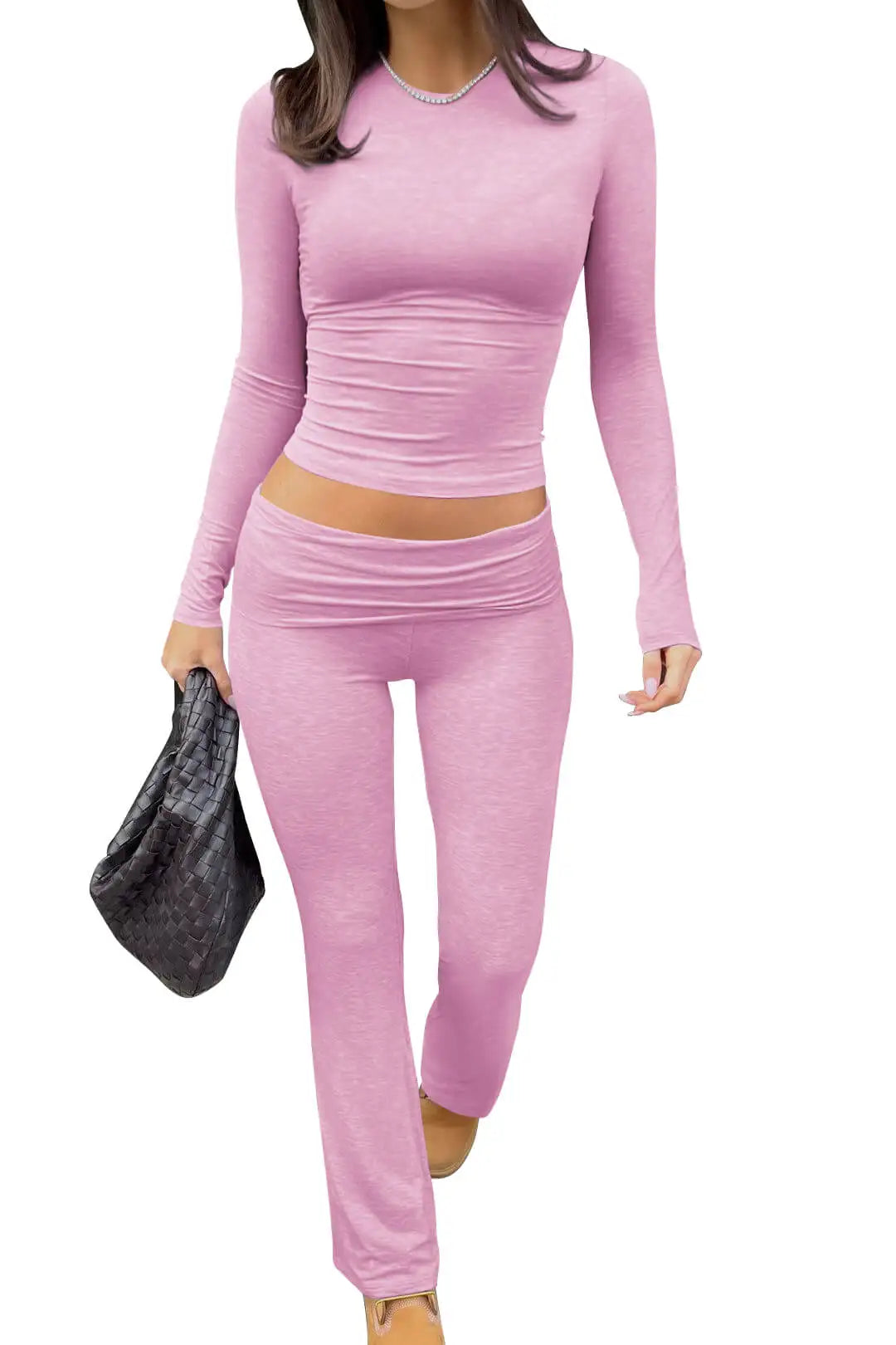 Womens Yoga Two Piece Set With Long Sleeve Top And Wide Leg Pants